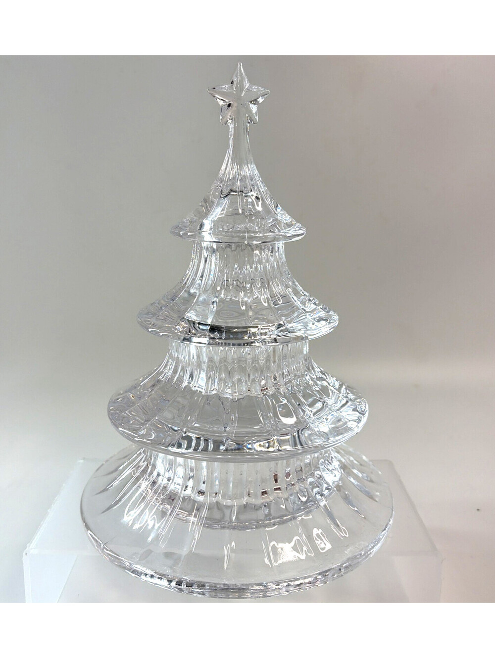 Gorham Crystal 3 Tier Christmas Tree Candy Dish Covered w/Box Holiday Traditions